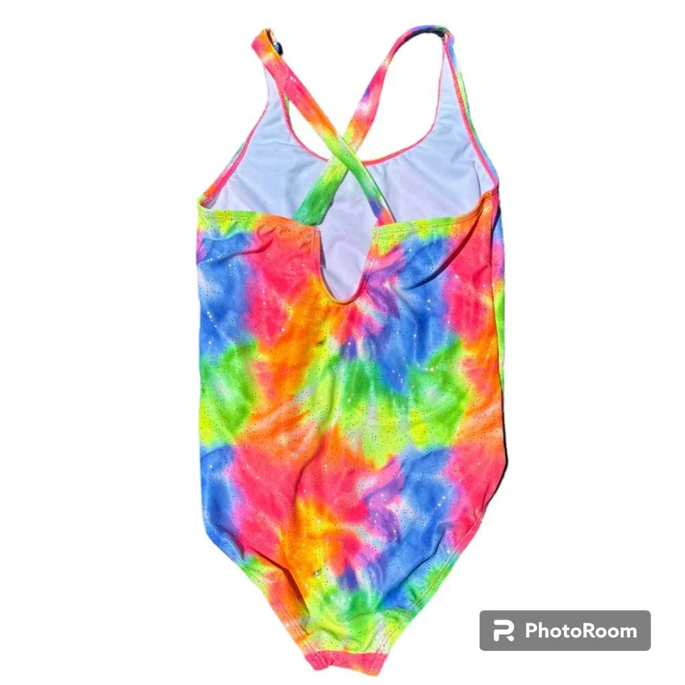 bmagical by btween‎ Girl's Rainbow Tie Dye Sparkle 1 piece Swimsuit sz 12 NWOT